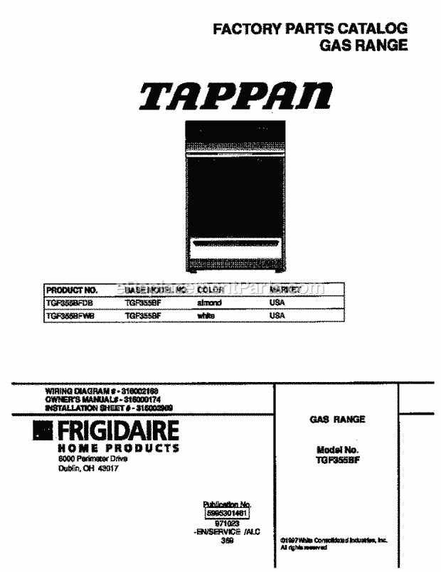 Tappan TGF355BFDB Gas Tappan Gas Range - 5995301461 Page D Diagram