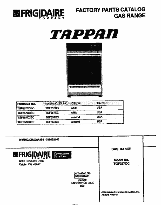 Tappan TGF357CCSC Freestanding, Gas Tappan Gas Range - 5995284485 Page D Diagram