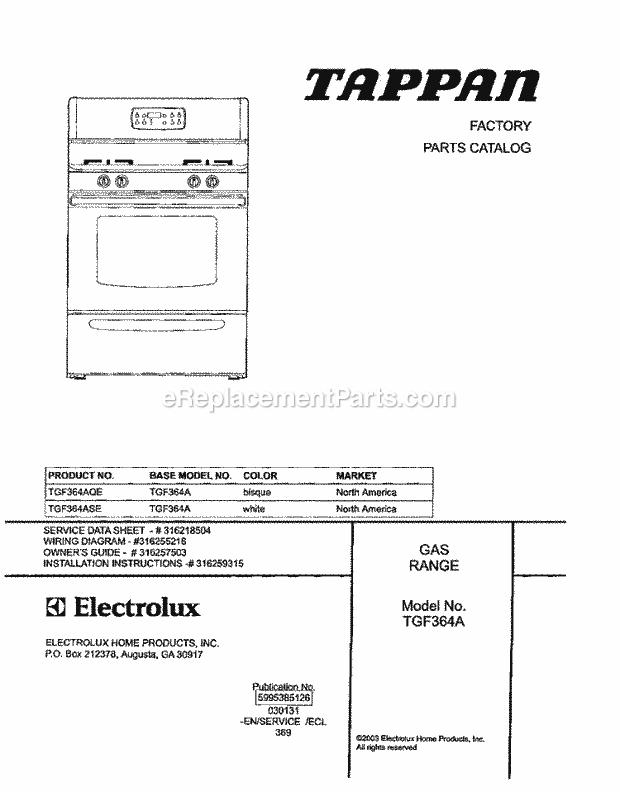 Tappan TGF364AQE Freestanding, Gas Gas Range Page D Diagram