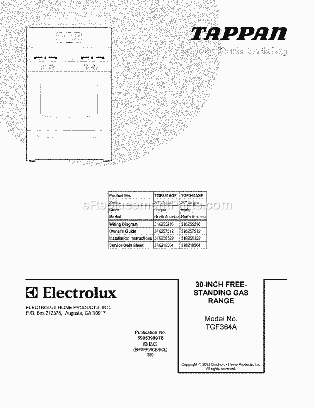 Tappan TGF364AQF Freestanding, Gas Gas Range Page D Diagram