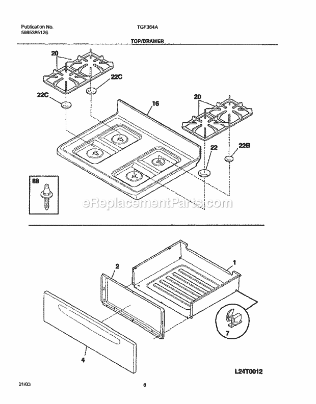 Tappan TGF364ASE Freestanding, Gas Gas Range Top / Drawer Diagram