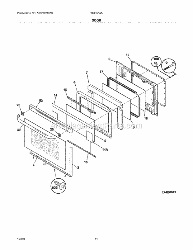 Tappan TGF364ASF Freestanding, Gas Gas Range Door Diagram