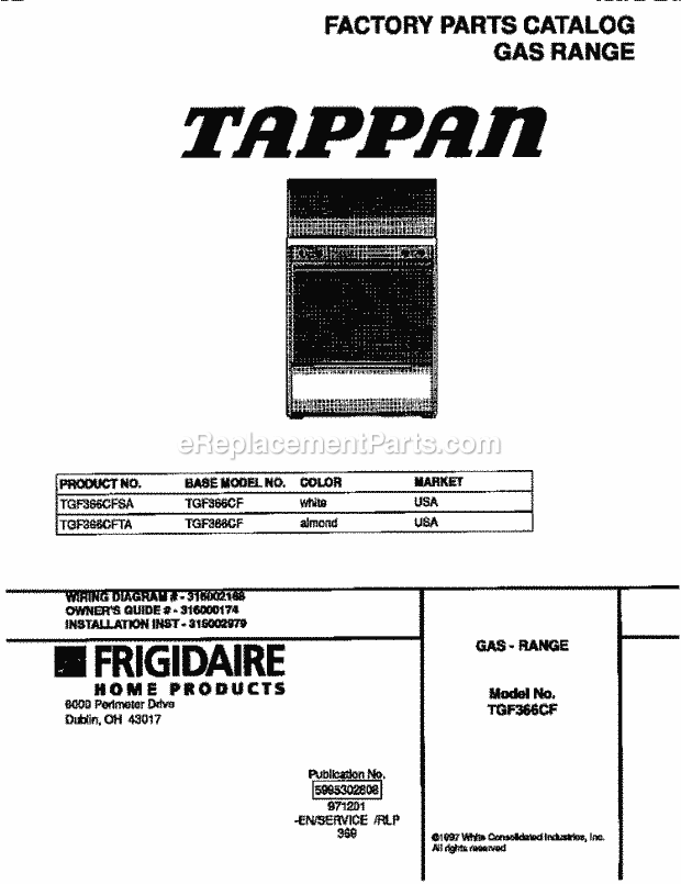 Tappan TGF366CFSA Freestanding, Gas Gas Range Page D Diagram