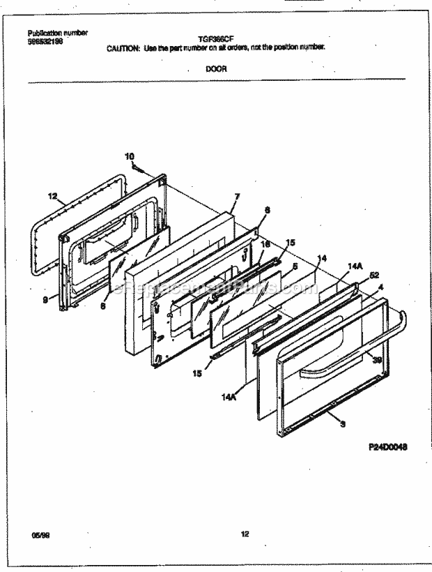 Tappan TGF366CFSE Freestanding, Gas Gas Range Door Diagram