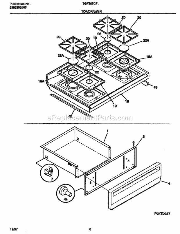 Tappan TGF366CFTA Freestanding, Gas Gas Range Top / Drawer Diagram