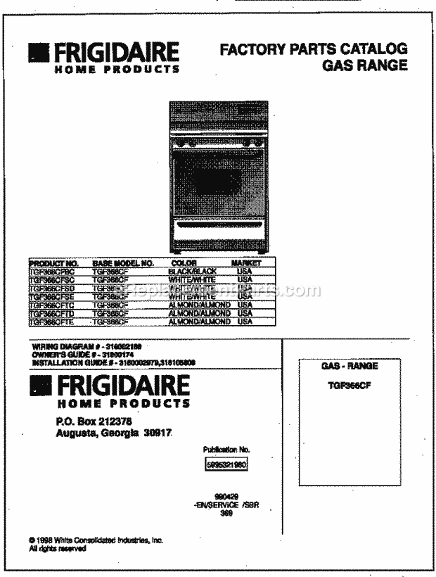 Tappan TGF366CFTD Freestanding, Gas Gas Range Page D Diagram