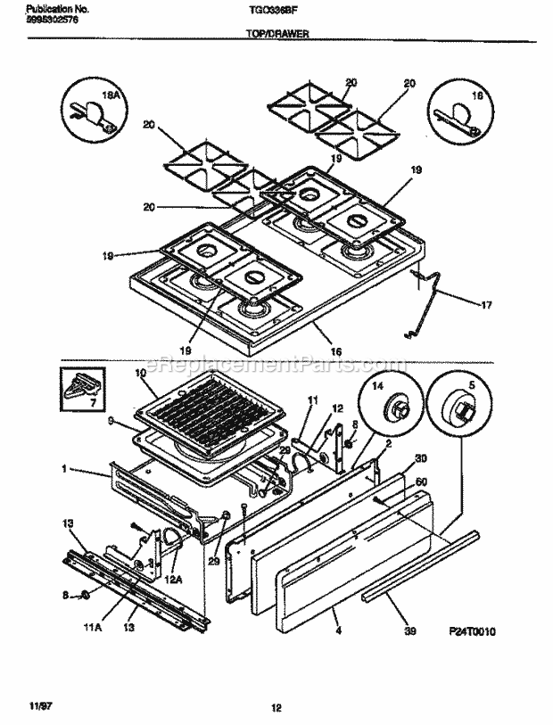 Tappan TGO336BFW1 Gas Tappan Gas Range - 5995302576 Top / Drawer Diagram