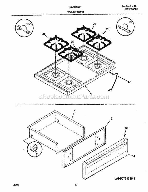 Tappan TGO356BHD2 Gas Tappan/Gas Range - P5995331872 Top / Drawer Diagram