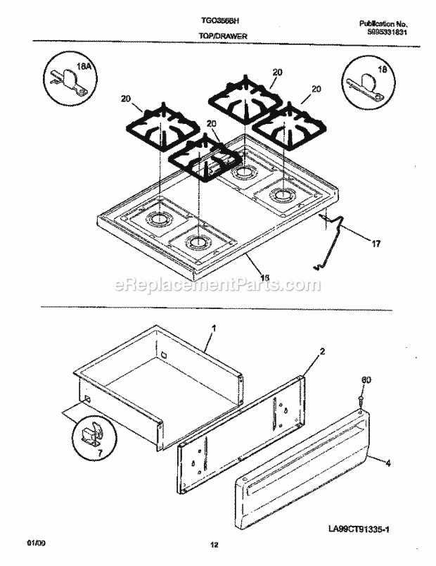 Tappan TGO356BHD3 Gas Tappan/Gas Range - P5995331831 Top / Drawer Diagram