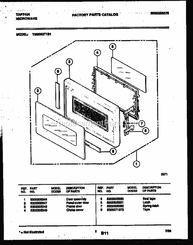 Tappan TMS062T1B1 Table Top Microwave Door Parts Diagram