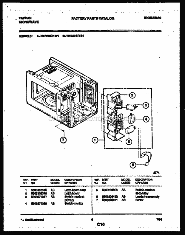 Tappan TMS084T1B1 Table Top Microwave Latch Board and Leadwire Assembly Diagram