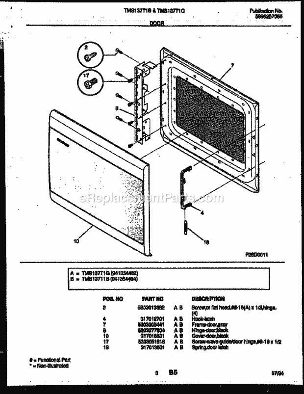 Tappan TMS137T1B Table Top 1.3 Microwave Oven Door Parts Diagram