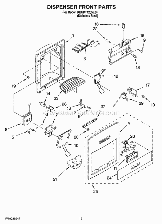 Thermador KBUDT4265E04 Side-By-Side Built-in Refrigerator Dispenser Front Parts Diagram