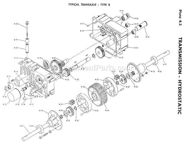 Toro 1-0100 (1971) Lawn Tractor 4.000 Transmission-Hydrostatic-4.010 Component Parts, Transaxle-Type B (plate 4.3) Diagram
