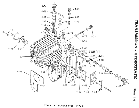 Toro 1-0100 (1971) Lawn Tractor 4.010 Transmission-Hydrostatic-4.050 Component Parts, Hydrogear Type B (plate 4.4) Diagram