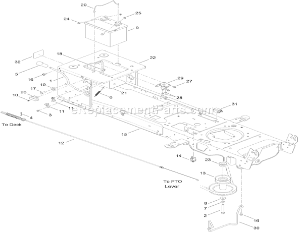 Toro 13AX91RS848 (1-1)(2010) Lawn Tractor Frame, Battery and Pto Assembly Diagram