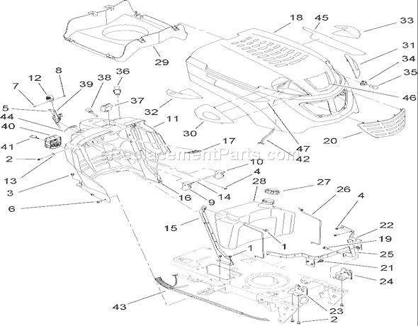 Toro 14AK81RK544 (1A186H30000)(2006) Lawn Tractor Fuel Tank and Hood Assembly Diagram