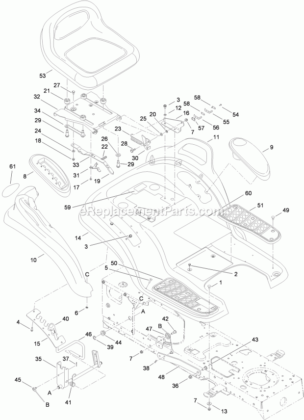 Toro 14AQ81RP544 (1-) Lawn Tractor Seat, Fender and Deck Lift Assembly Diagram