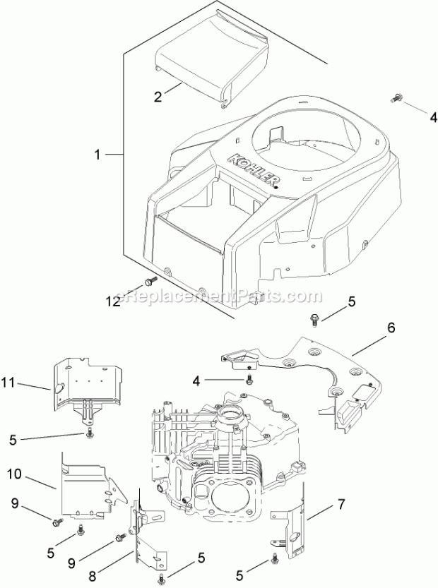 Toro 14AQ81RP744 (1A136H30000-) Lawn Tractor Blower Housing and Baffle Assembly Kohler Sv730-0018 Diagram