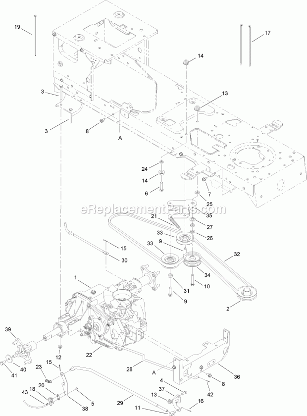 Toro 14AQ81RP744 (1A136H30000-) Lawn Tractor Transmission, Belt and Pulley Assembly Diagram