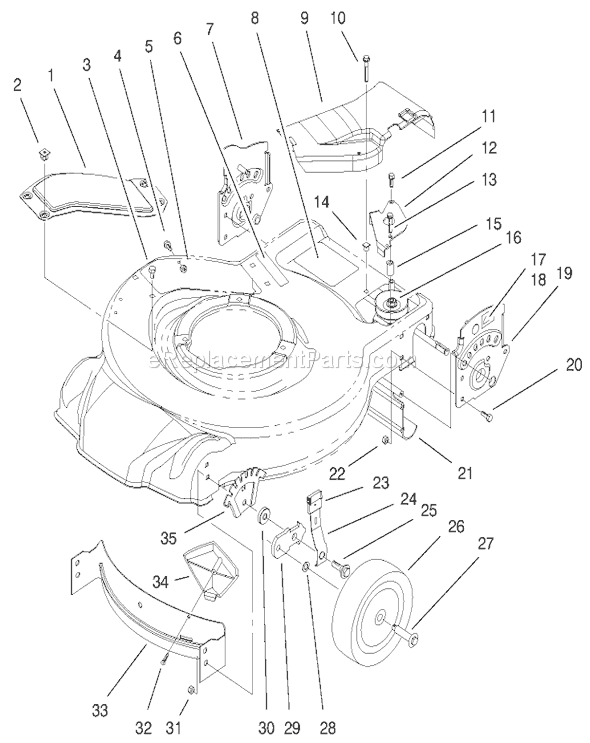 Toro 20022 (9900001-9999999)(1999) Lawn Mower Housing, Handle Brackets and Wheel Assembly Diagram