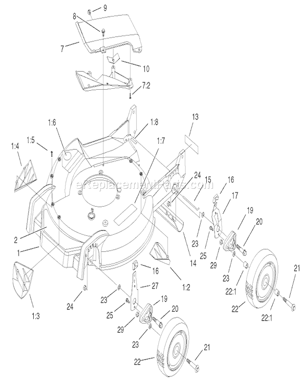 Toro 20030 (210000001-210999999)(2001) Lawn Mower Housing, Handle Bracket, and Wheel Assembly Diagram