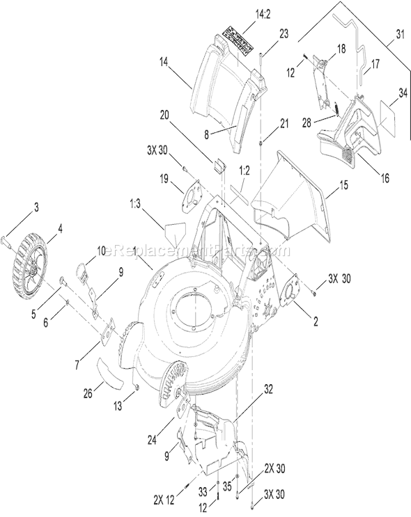 Toro 20194 (290000001-290999999)(2009) Lawn Mower Deck Housing, Front Wheel and Rear Door Assembly Diagram