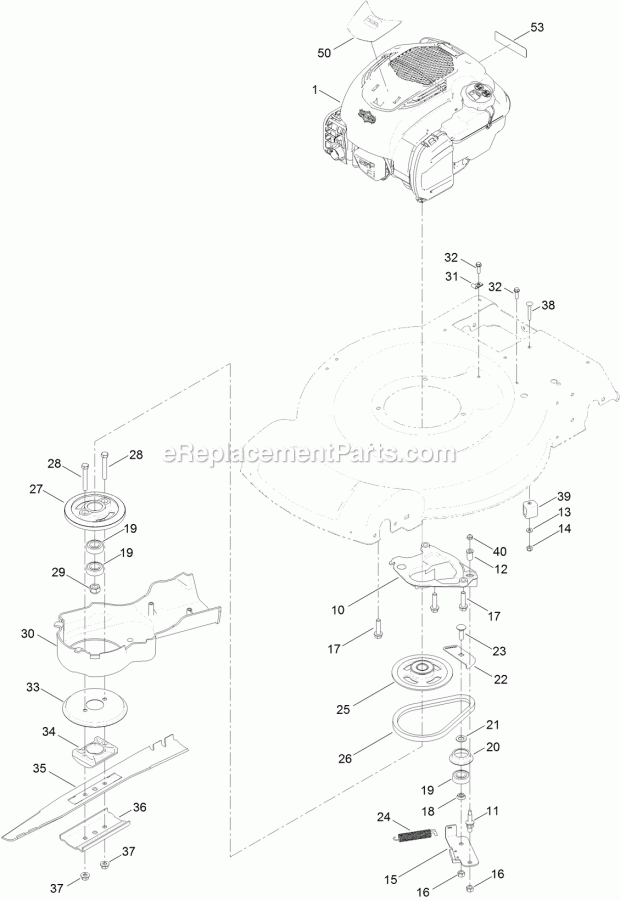Toro 20333 (316000001-316999999) 22in Recycler Lawn Mower Engine and Blade Assembly Diagram