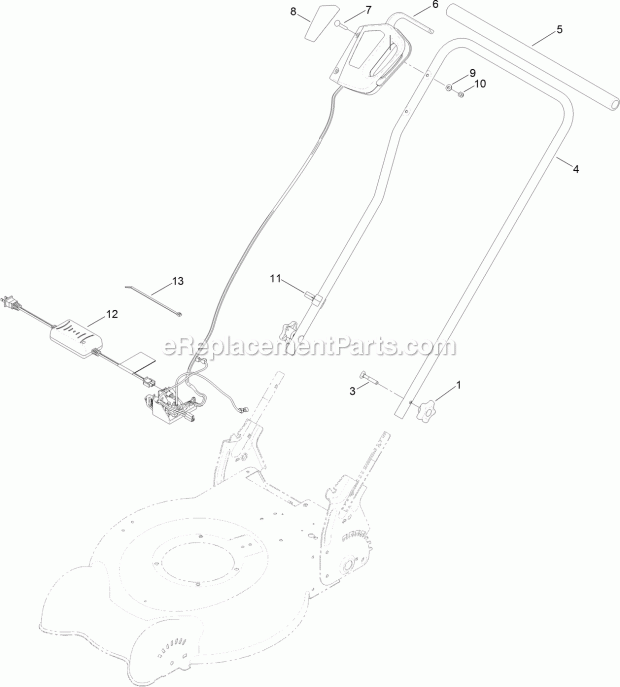 Toro 20360 (316000001-316999999) e-Cycler 20-inch Cordless Lawn Mower Handle and Control Assembly Diagram