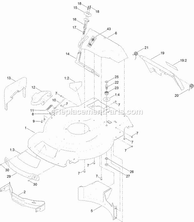 Toro 20374 (316000001-316999999) 22in Recycler Lawn Mower Housing and Rear Deflector Assembly Diagram