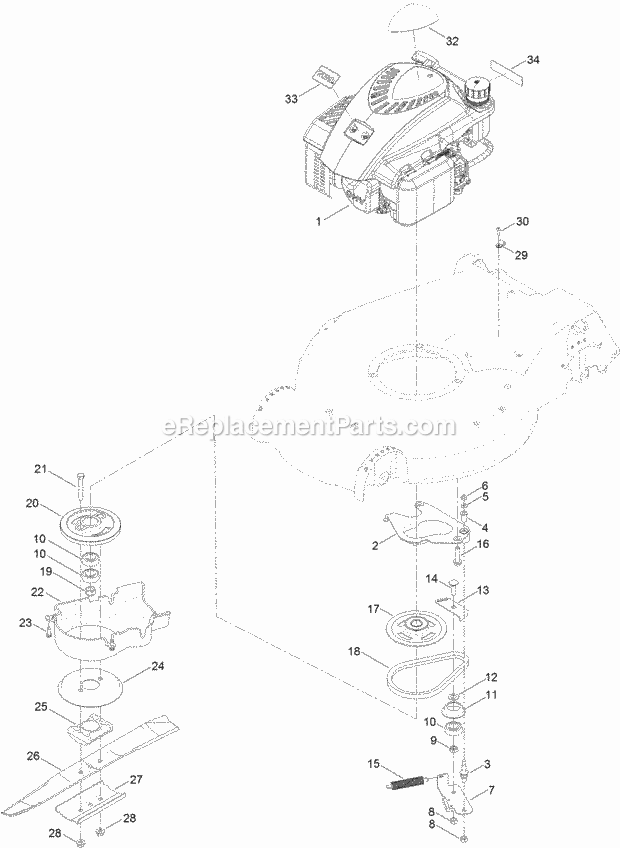 Toro 20383 (316000001-316999999) Super Recycler Lawn Mower Engine and Blade Drive Assembly Diagram