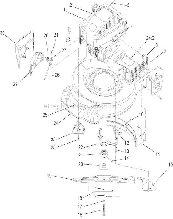 Toro 20654 (260000001-260999999)(2006) Lawn Mower Engine and Blade Assembly Diagram