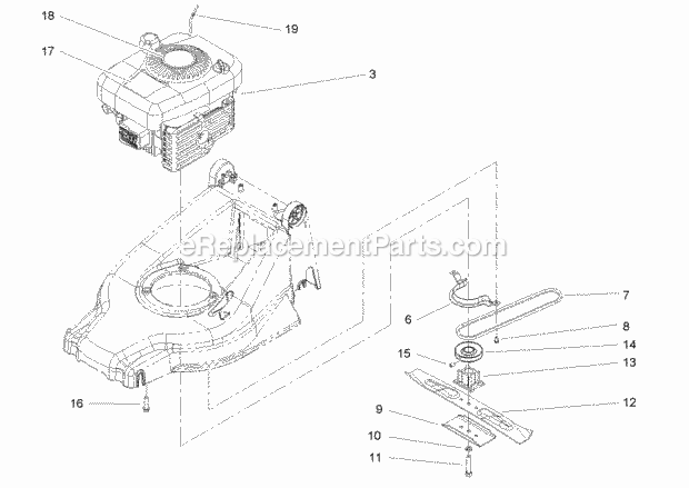 Toro 20832 (290000001-290999999) 48cm Recycler/rear Bagging Lawn Mower, 2009 Engine and Blade Assembly Diagram