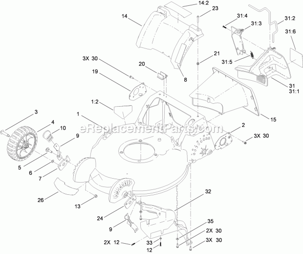 Toro 20897 (315000001-315999999) 53cm Super Bagger Lawn Mower, 2015 Housing and Tunnel Assembly Diagram