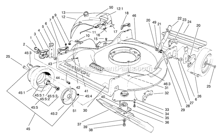 Toro 22026 (210000001-210999999)(2001) Side Discharge Mower Housing And Wheel Assembly Diagram