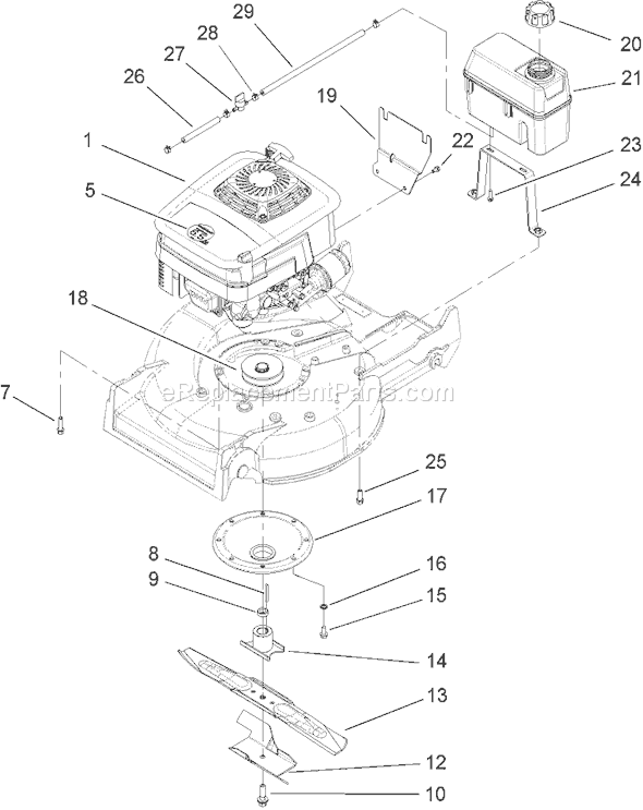 Toro 22176TE (250000001-250999999)(2005) Lawn Mower Engine, Fuel Tank and Blade Assembly Diagram