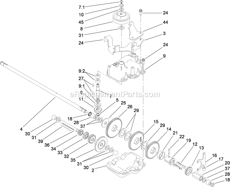 Toro 22187TE (311000001-311999999)(2011) 53cm Heavy-Duty Recycler/Rear Bagging Lawn Mower Gear Case Assembly Diagram