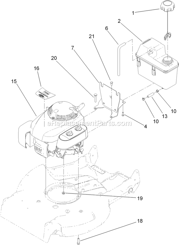 Toro 22196 (313000001-313999999)(2013) 21in Heavy-Duty Recycler/Rear Bagger Lawn Mower Engine And Fuel Tank Assembly Diagram