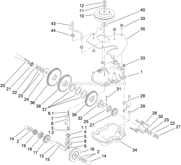 Toro 22200TE (290000001-290000500)(2009) 66cm Heavy-Duty Rear Bagger Lawn Mower Gear Case Assembly Diagram