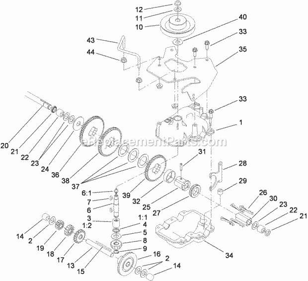 Toro 22200TE (290000001-290000500) 66cm Heavy-duty Rear Bagger Lawn Mower, 2009 Gear Case Assembly No. 109-3558 Diagram