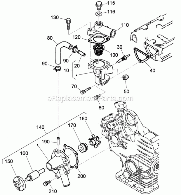 Toro 22324 (290000001-290000500) Tx 525 Wide Track Compact Utility Loader, 2009 Water Flange, Thermostat and Water Pump Assembly Diagram