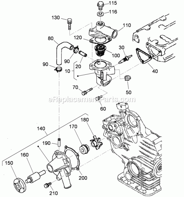 Toro 22324 (310000001-310999999) Tx 525 Wide Track Compact Utility Loader, 2010 Water Flange, Thermostat and Water Pump Assembly Diagram
