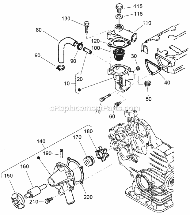 Toro 22334 (270000001-270000400) Tx 525 Wide Track Compact Utility Loader, 2007 Water Flange, Thermostat and Water Pump Assembly Diagram