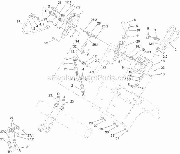 Toro 22337CP (400000000-999999999) 320-d Compact Tool Carrier, 2017 Selector Valve and Auxiliary Valve Assembly Diagram