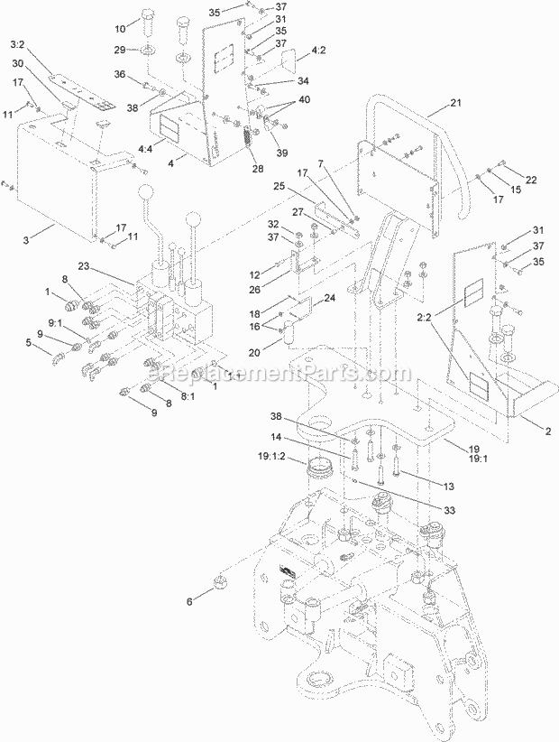 Toro 25432E (313000001-313999999) Heavy Duty Backhoe 125, Rt600 Traction Unit, 2013 Top Pivot Plate, Guard and Valve Assembly Diagram
