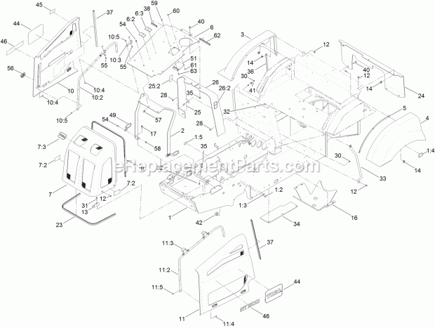 Toro 25450A (315000001-315999999) Rt1200 Traction Unit, 2015 Main Frame, Hood and Fender Mounting Assembly Diagram