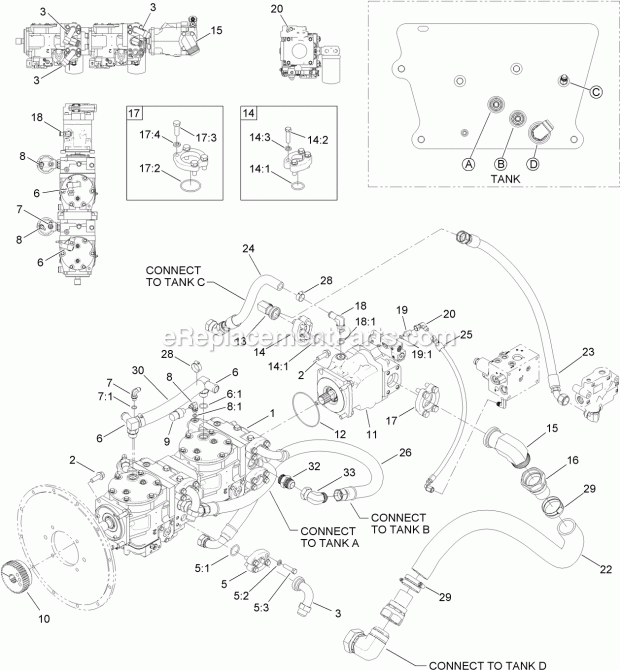 Toro 25450A (315000001-315999999) Rt1200 Traction Unit, 2015 Tandem Pump Plumbing Assembly Diagram