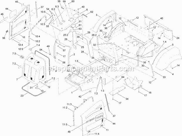 Toro 25450 (314000001-314000500) Rt1200 Traction Unit, 2014 Main Frame, Hood and Fender Mounting Assembly Diagram
