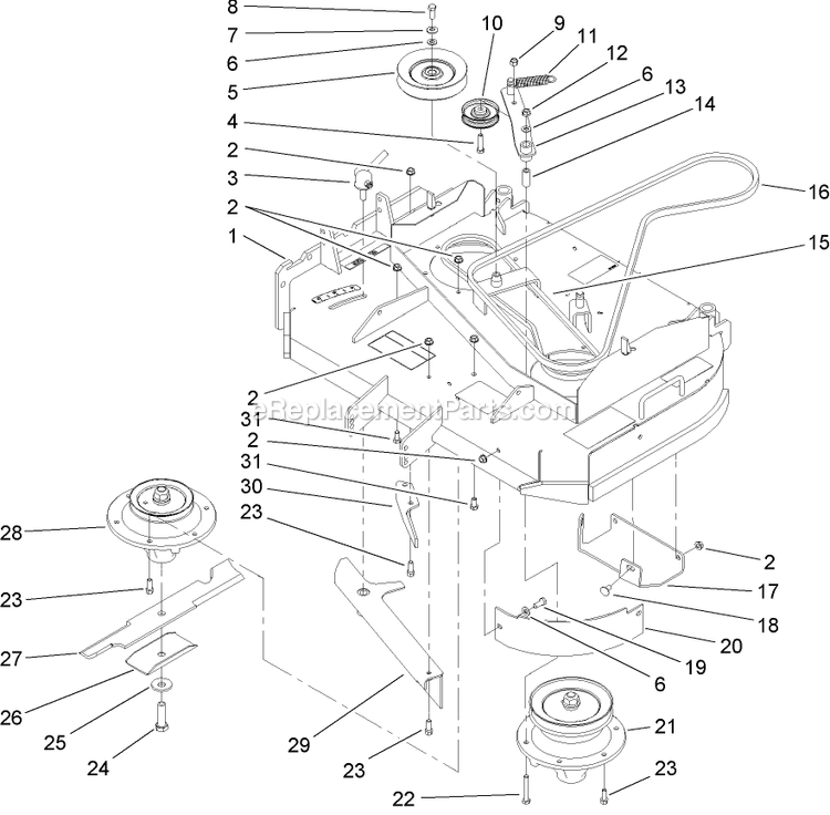 Toro 30032 (270000001-270999999)(2007) 15hp T-Bar Hydro Drive With 91cm Turbo Force Cutting Unit Walk-Behind Mower Deck Drive And Baffle Assembly Diagram