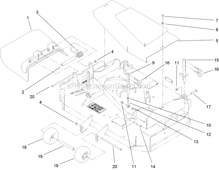 Toro 30032 (270000001-270999999)(2007) 15hp T-Bar Hydro Drive With 91cm Turbo Force Cutting Unit Walk-Behind Mower Deck Deflector, Roller And Cover Assembly Diagram